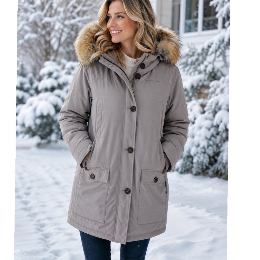 Womens Within XXL Parka Jacket Faux Fur Trim Hood Fleece Lined Taupe Gray Coat
